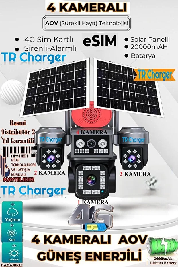 4 Kameralı E-SIM Güneş Enerjili Güvenlik Kamerası – Çift Güneş Paneli, SIM Kartlı AOV Akıllı Kamera